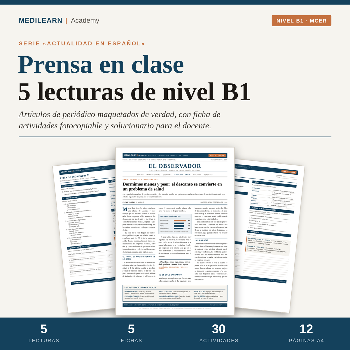 Lecturas B1 español: 5 artículos de prensa + fichas ELE